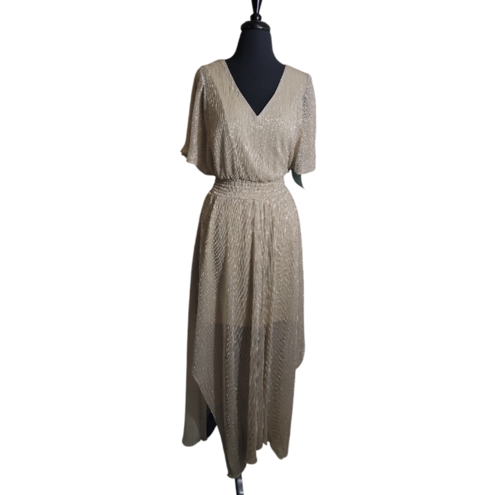 MSK shimmer gold v neck flutter sleeve midi dress women's small smocked waist